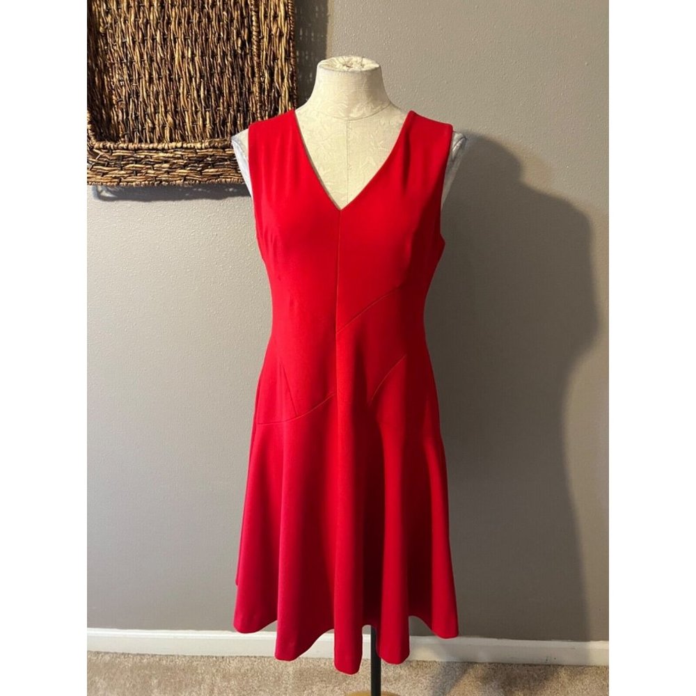 DKNY Dress Red A Line 8 Career Church Stretch Stretch V Neck